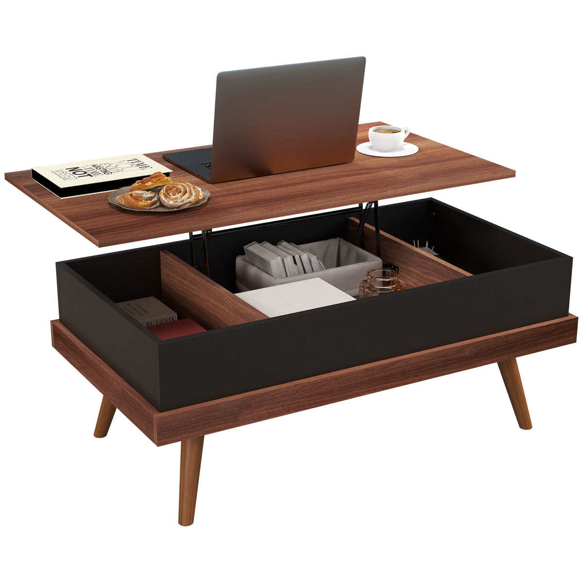 HOMCOM Lift Top Coffee Table, 39.25' Coffee Table with Hidden Compartments and Wood Legs, Walnut