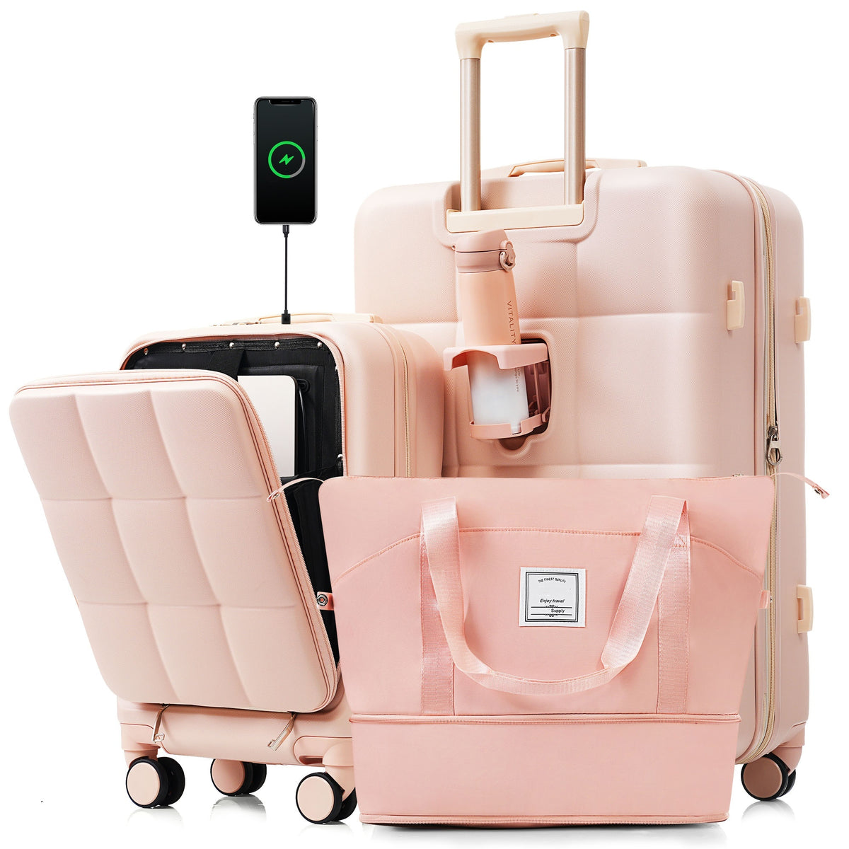 3-Piece Luggage Set with 20' Front-Opening Carry-On, 28' Expandable Suitcase, and Expandable Travel Bag, pink