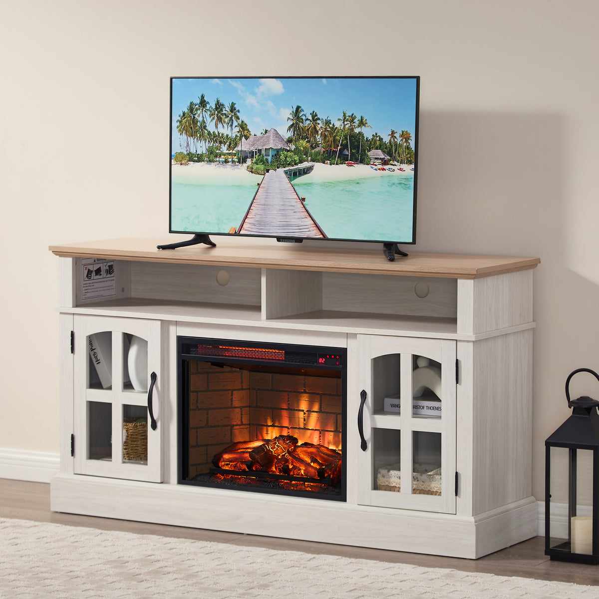 58' Fireplace TV Stand, Entertainment Center with 23' Electric Fireplace, TV Table for TVs up to 70 Inch, Media Console Cabinet with Storage and Glass Doors for Living Room