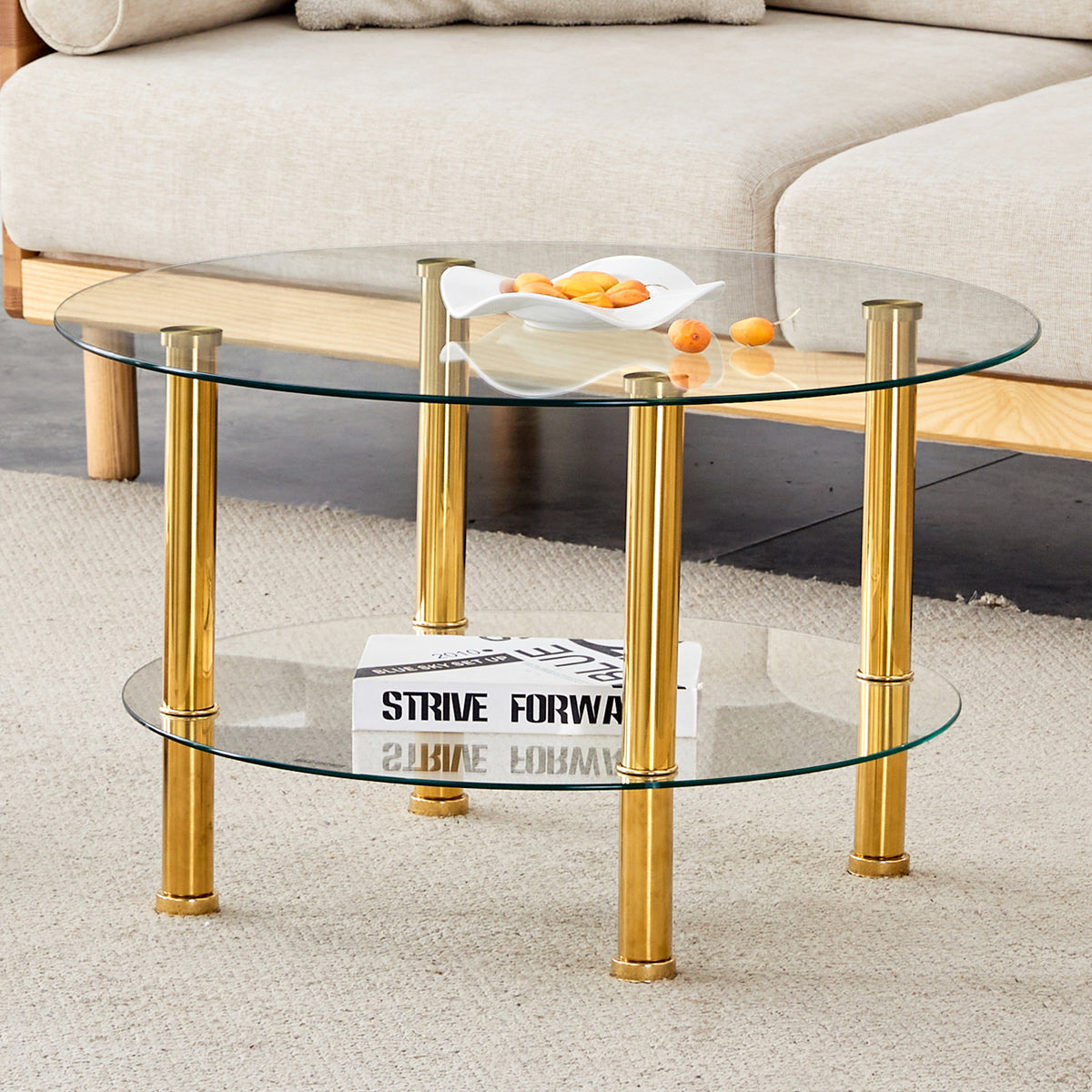 Contemporary Minimalist Double Layer Tempered Glass Coffee Table - 27.5' Top and 23.6' Bottom.Reinforced Glass Tabletop,Stainless Steel Gold Plated Legs.