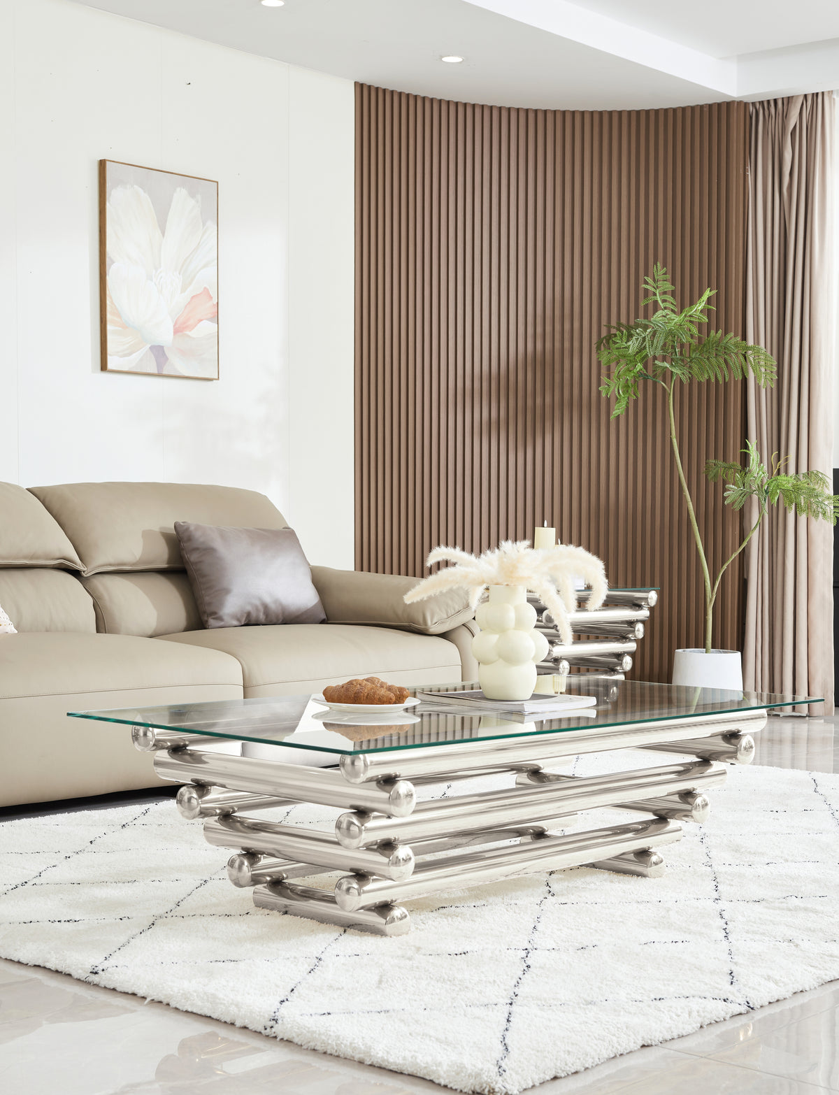 55' Rectangle Modern Stainless Steel Coffee Table, Clear Tempered Glass Table Top, Living Room Table, with modern style, Silver