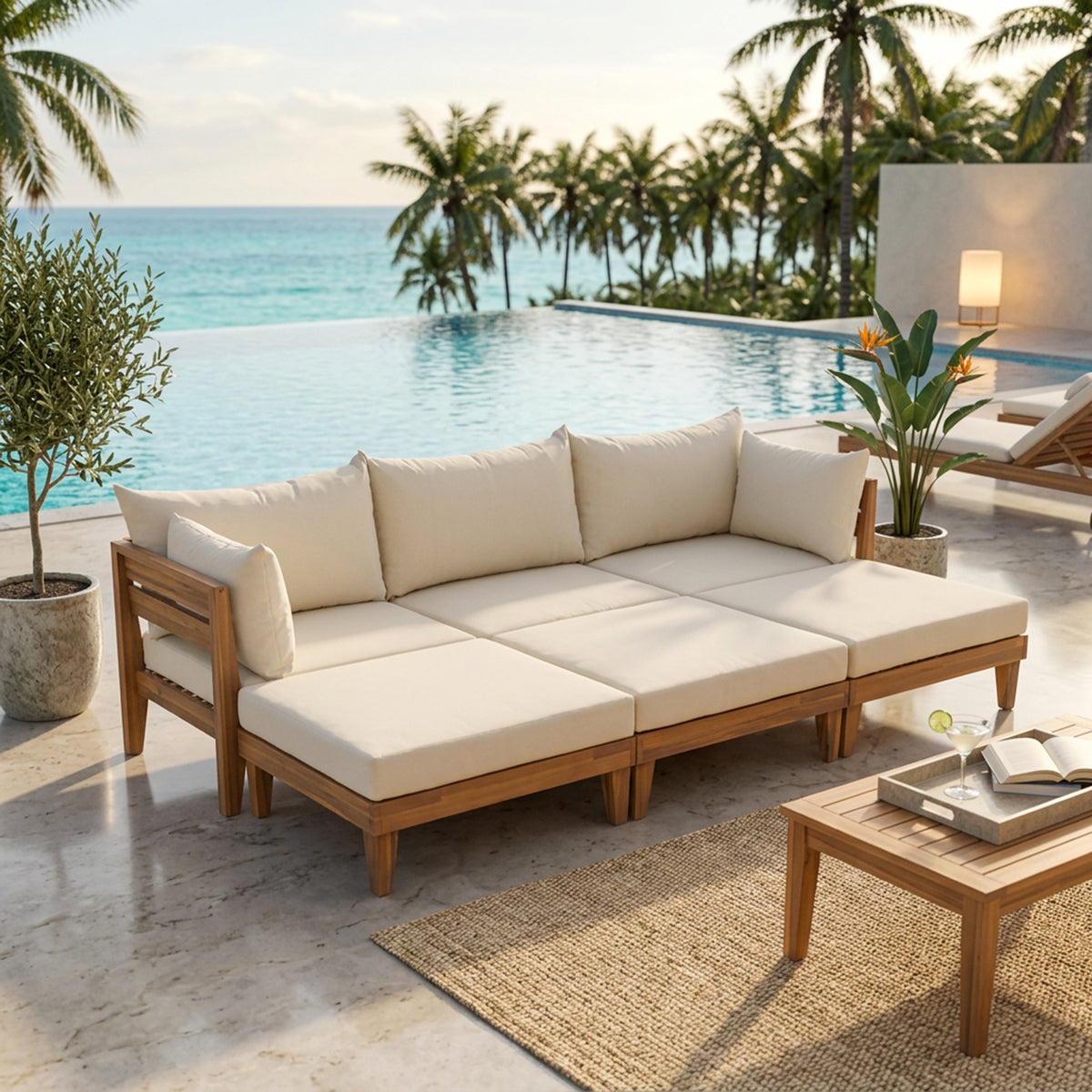TOPMAX Outdoor Large 96.3' W Daybed Acacia Wood 6-Piece Patio Sofa Set with 5 Pillows and 6 Cushions for Backyard, Poolside, Graden ,Indoor Use, Light Teak&Beige Cushion