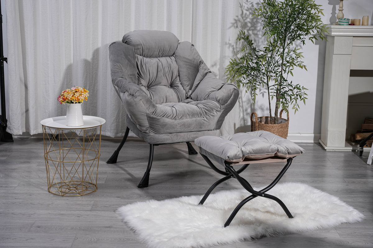 Living Room Chairs Modern Cotton Fabric Lazy Chair, Accent Contemporary Lounge Chair, Single Steel Frame Leisure Sofa Chair with Armrests and A Side Pocket (Light Gray ),with ottoman ,with footrest
