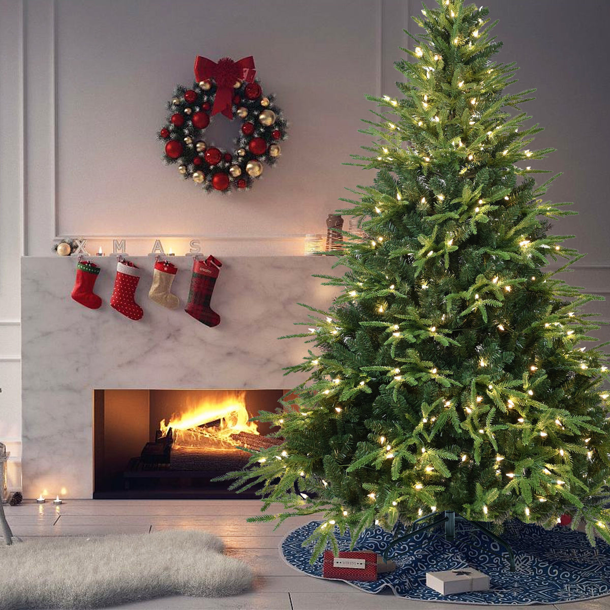 6.5ft Pre-Lit Artificial Christmas Tree with 450 Warm White Incandescent Lights, 2225 Tips, PE+PVC Hinged Pine with Partial Memory Wire Branches, Foldable Metal Stand for Holiday Decoration