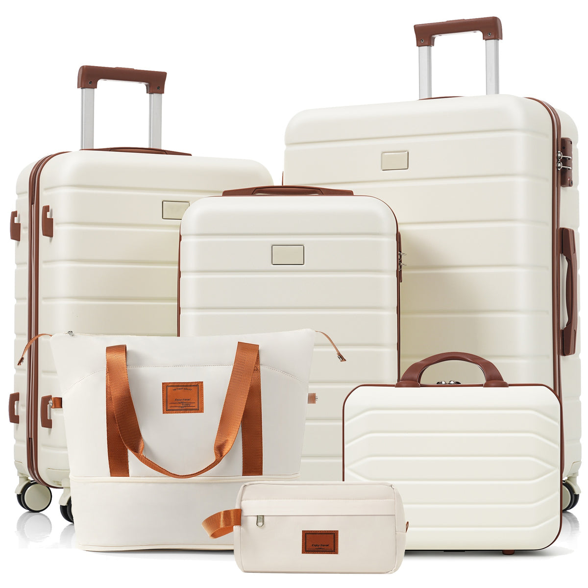 6-Piece Hardside Luggage Set with TSA Lock, 14/20/24/28 Inch Spinner Suitcase Set with Expandable Travel Duffel Bag & Waterproof Toiletry Kit, Adjustable Handle (
ivory and brown)