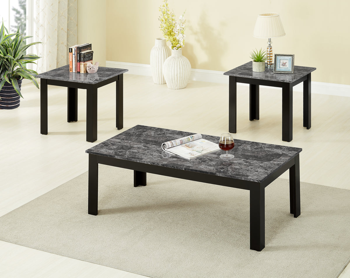 3pc Set Traditional Style Rectangular Coffee Table Square Shape End Table Wooden Legs Black Finish Faux Marble Top Wooden Furniture Gray Finish