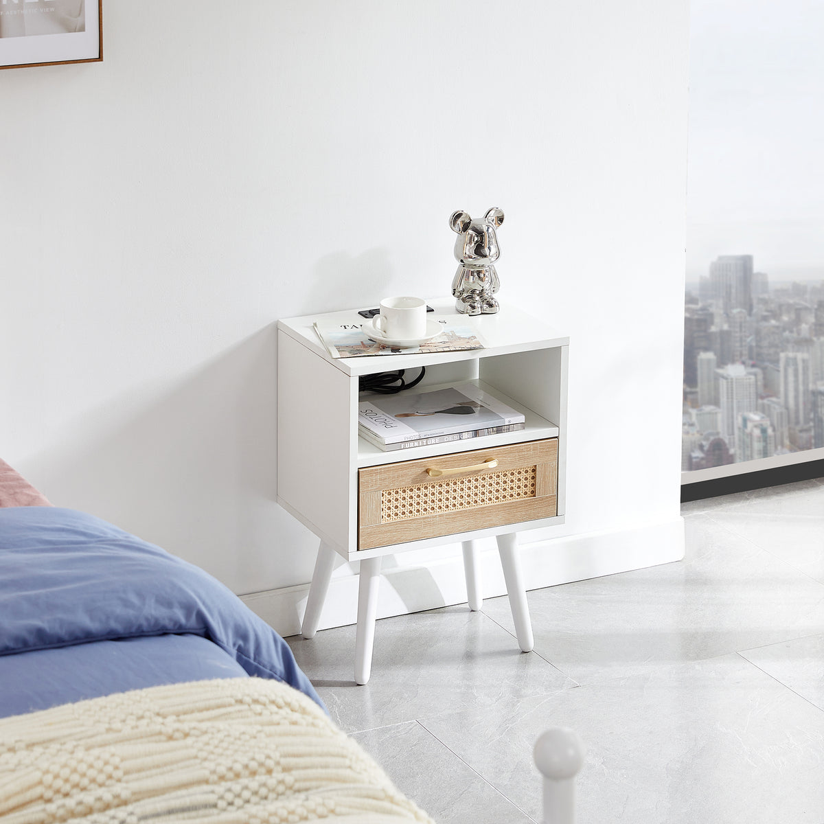 15.75' Rattan End table with Power Outlet  & USB Ports , Modern nightstand with drawer and solid wood legs, side table for living room, bedroom, white