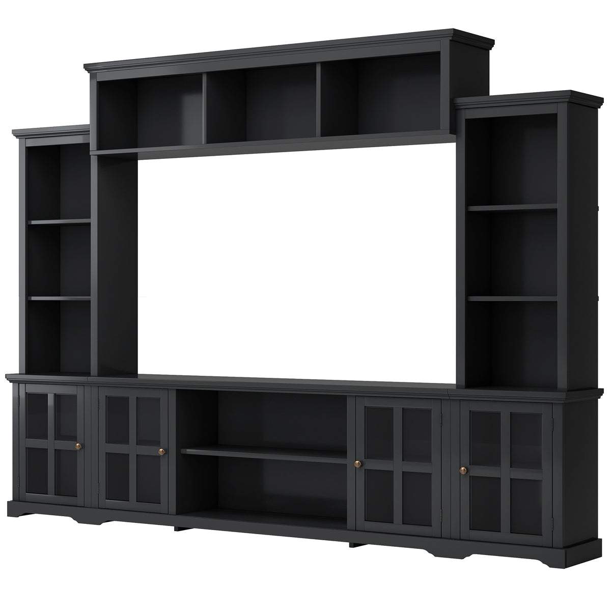 ON-TREND Minimalism Style Entertainment Wall Unit with Bridge, Modern TV Console Table for TVs Up to 70', Multifunctional TV Stand with Tempered Glass Door, Black