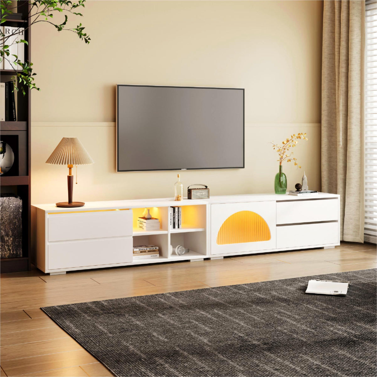 ON-TREND Modern TV Stand with Fluted Glass Door for TVs Up to 100', Media Console with Sliding Door & 2 Drawers, Free-Combination Entertainment Center with LED Light for Living Room, Bedroom, White
