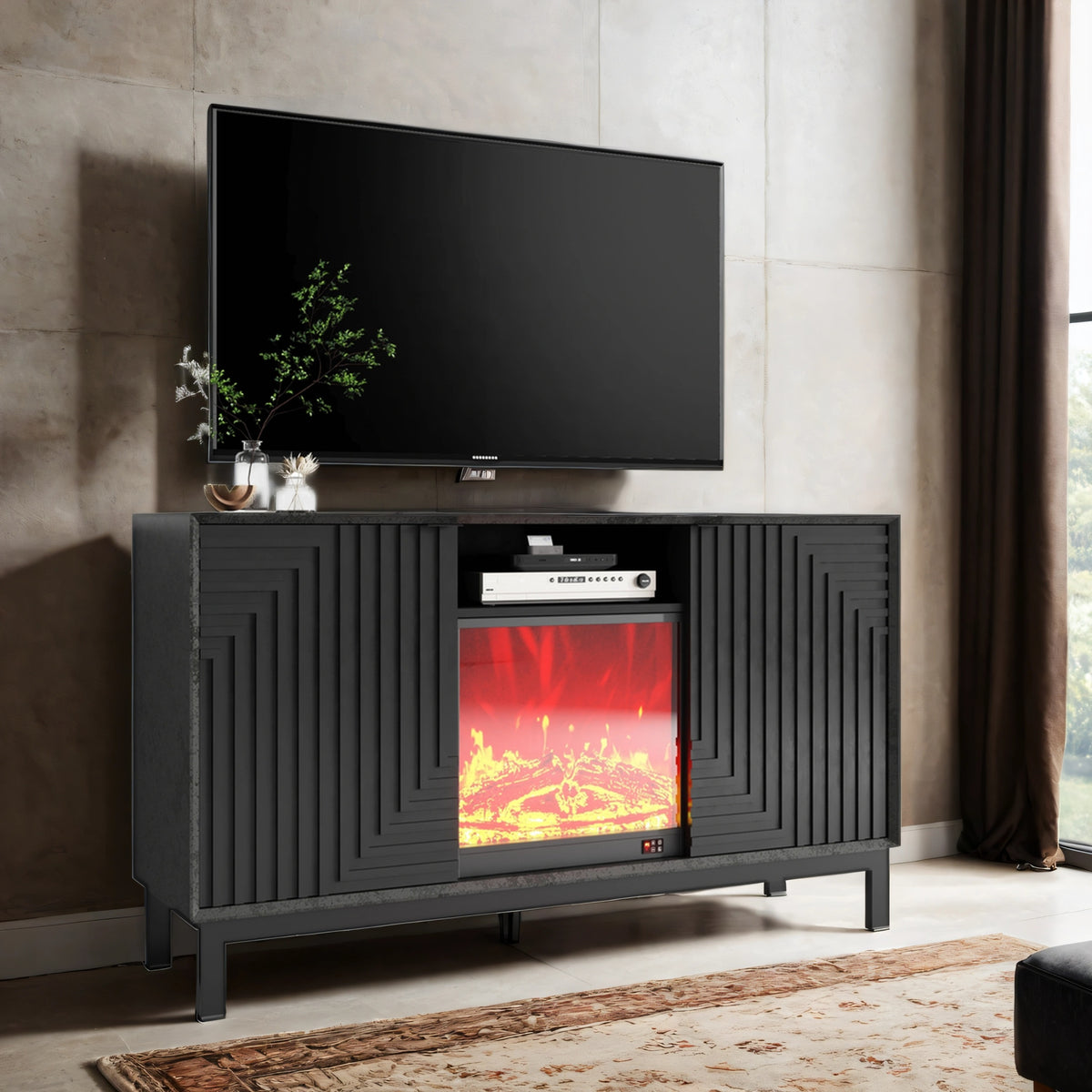 Fireplace TV Stand with 18' Electric Fireplace, Mid Century Modern Entertainment Center with Drawer and Shelf,Cruved TV Media Console Table for Living Room