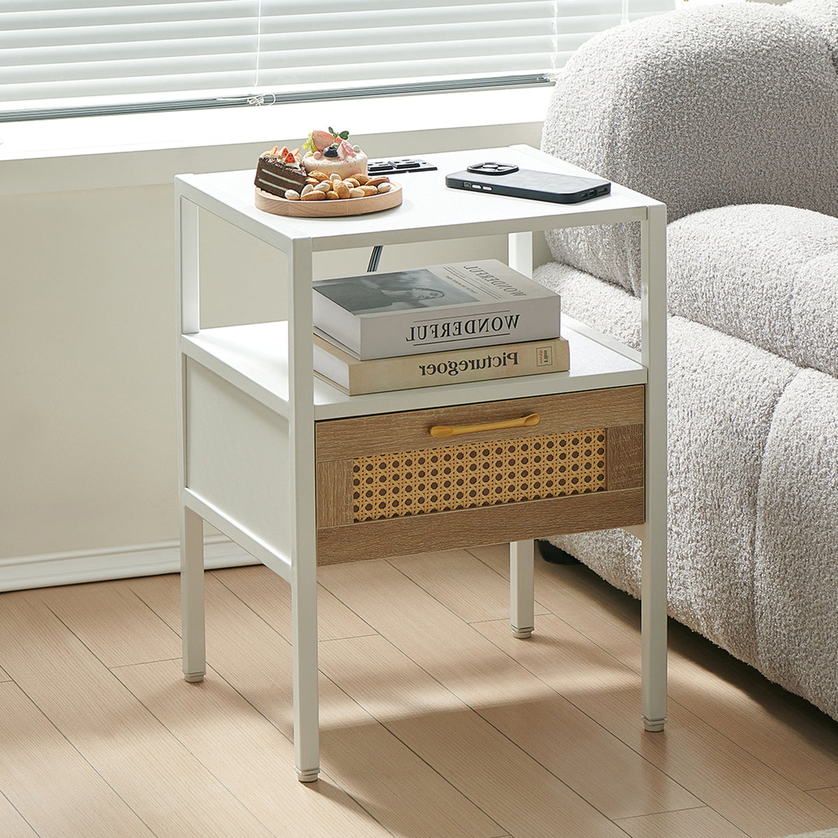 15.75' Rattan End table with Power Outlet  & USB Ports , Modern nightstand with drawer and metal legs, side table for living room, bedroom,white(1 PC)
