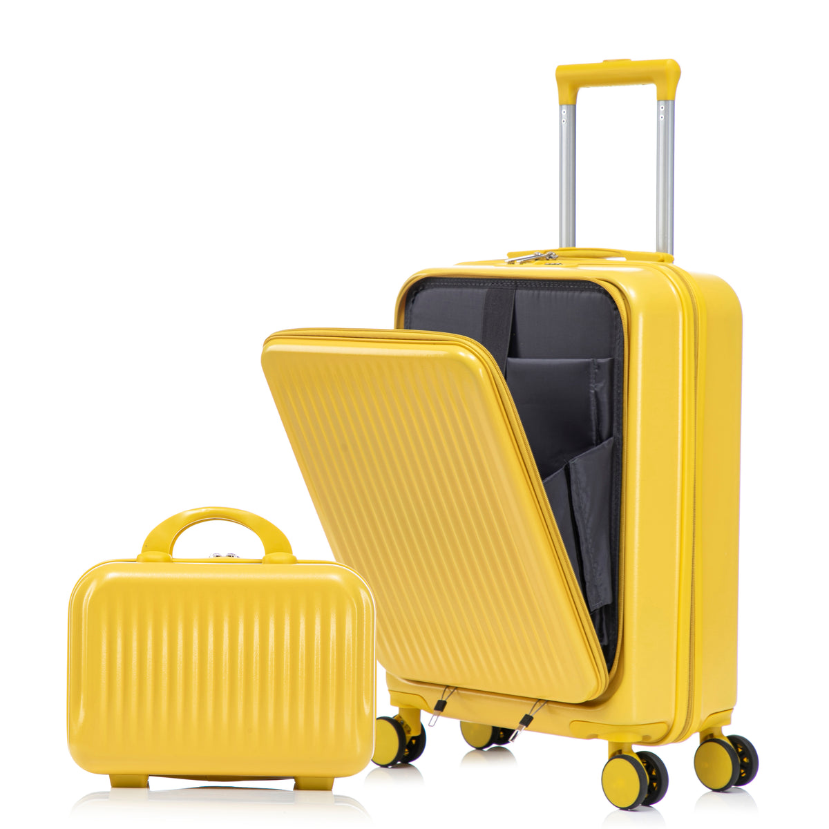Yellow ABS Spinner Luggage Set 14'/20' with Combination Lock, Front Opening Design & Cosmetic Case