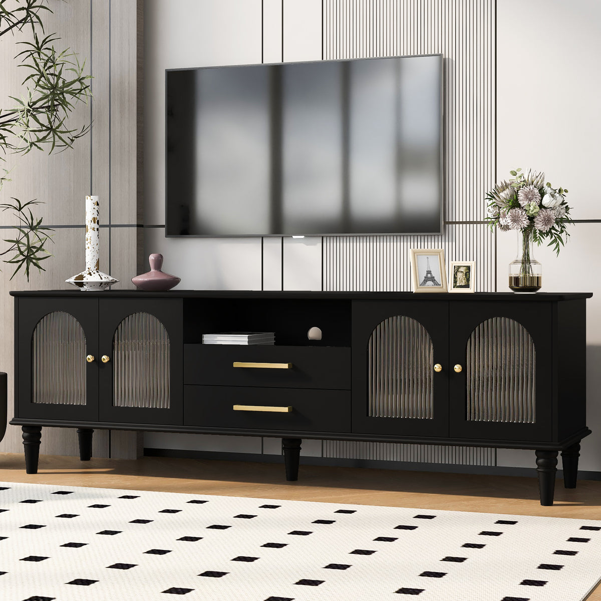 U-Can 68.9'' Retro TV Stand for TVs up to 75 Inches, Entertainment Center Media Console with Fluted Glass Doors and Five Solid Wood Legs for Living room