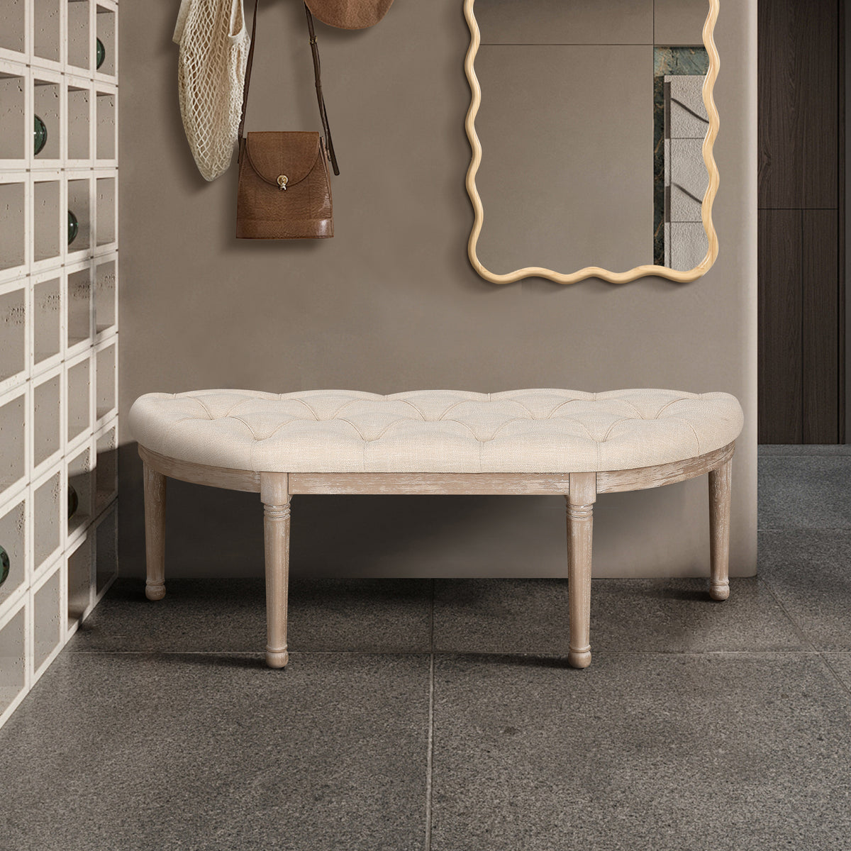 48' Halfmoon Entryway Bench Tufted Semi Circle Ottoman Bench Seat French Style Upholstered Bed End Bench for Foyer Mudroom Bedroom