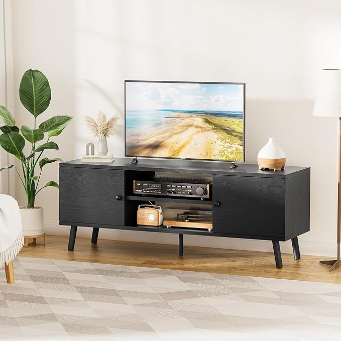 TV Stand for 55 60 inch TV, Entertainment Center with Storage Cabinet, Media Console Table 2 Cabinet, Soft Hinge, Handle Door, Wooden Living Room, Office Furniture, Black