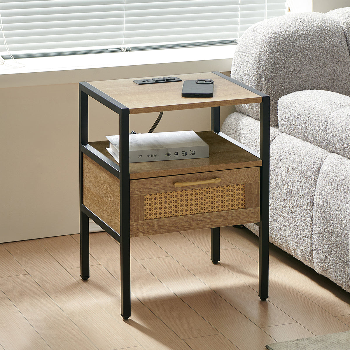 15.75' Rattan End table with Power Outlet  & USB Ports , Modern nightstand with drawer and metal legs, side table for living room, bedroom,natural(1 PC)