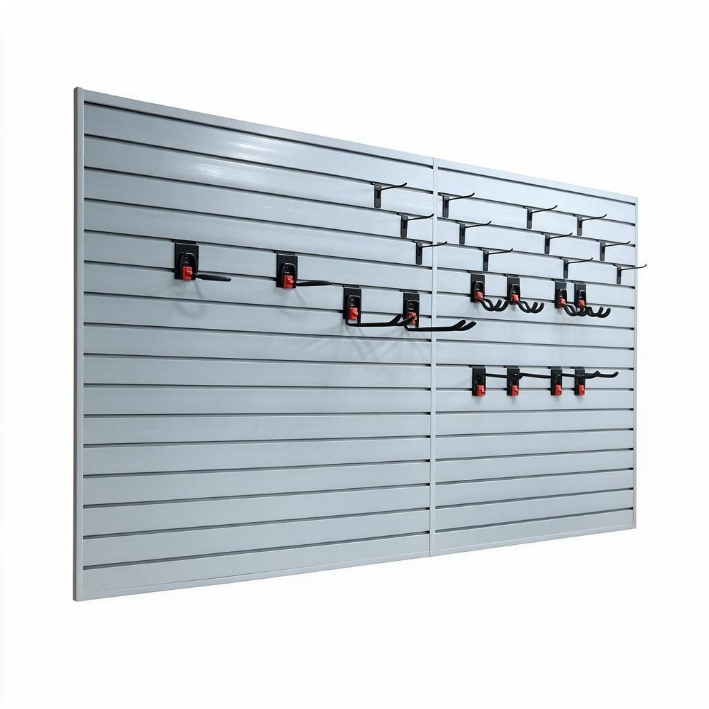 PVC Slatwall Panel Kit, 4x8ft Garage Wall Storage System with Safety-Lock Hooks, Lightweight Water-Resistant Panels, Hidden Screw Design, 24 Hooks Set, Grey