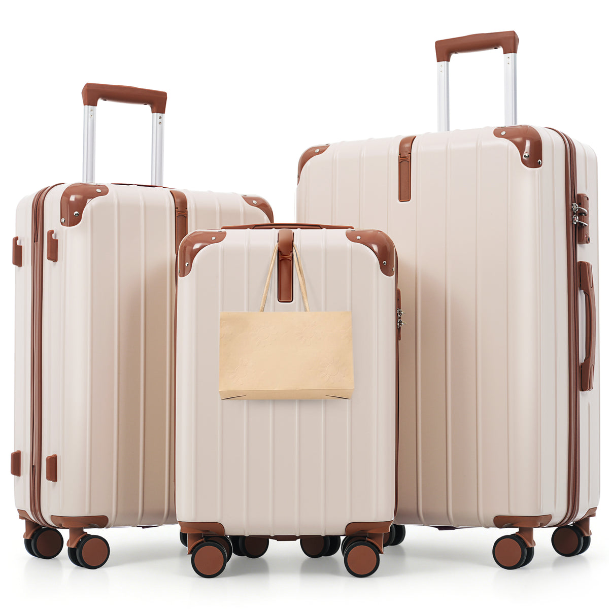 Premium ABS Travel Luggage Set , 3-Piece TSA Lock Suitcase Ensemble with 20, 24, and 28 Inch Sizes with 360° Spinner Wheels, ivory and brown