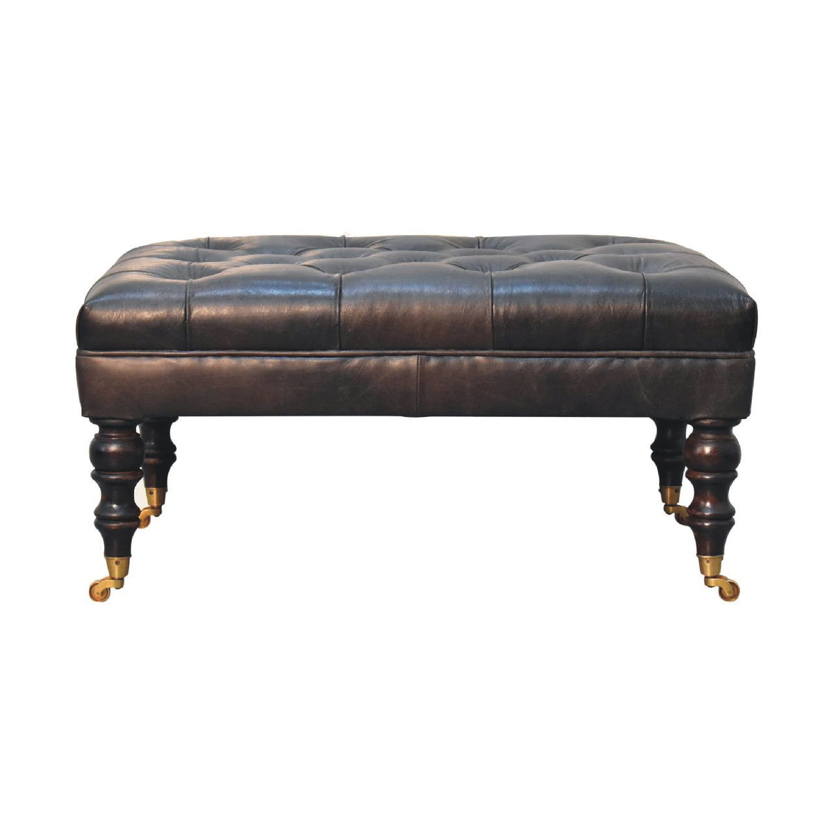 Artisan Furniture Solid Wood Buffalo Ash Black Leather Ottoman with Castor Legs