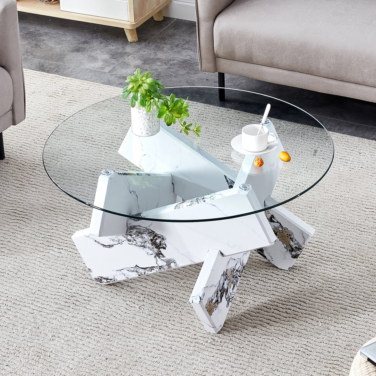 Round glass coffee table, 33.4 'modern design unique coffee table. Tempered glass countertop with white patterned MDF legs. Suitable for living and dining rooms