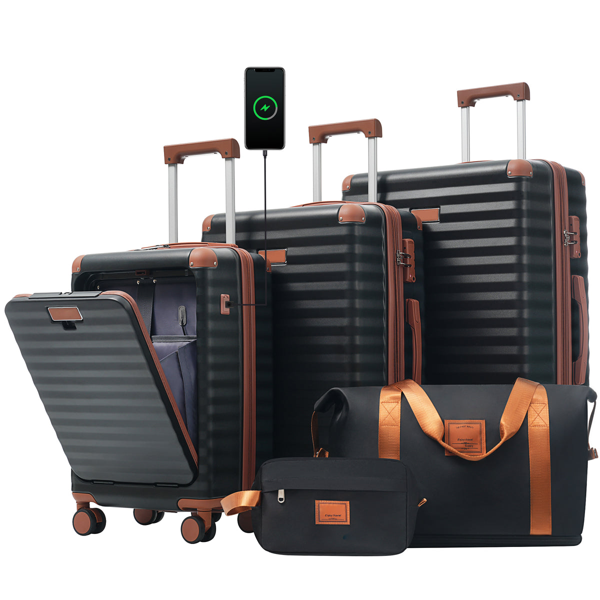 Luggage Sets 5 Piece with Front Opening , Hardside Expandable Carry on Suitcase with Spinner Wheels TSA Lock USB Port  Cup Holder Duffel Bag and Toiletry Bag