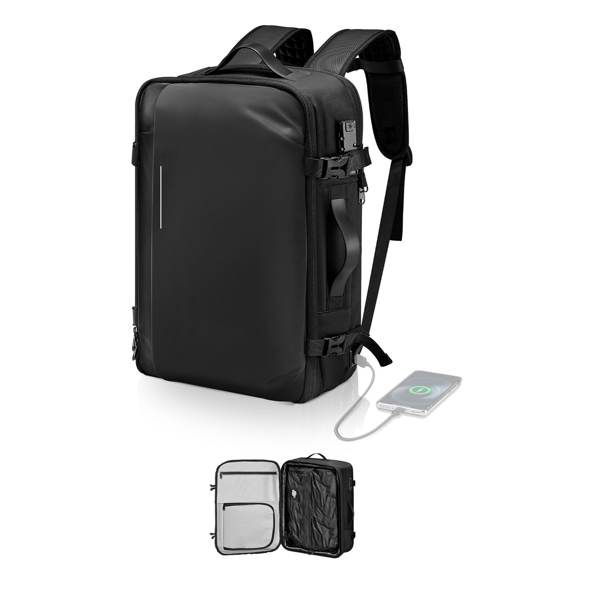 Vacuum Travel Backpack, 65L, Expandable Vacuum Seal Compression Travel Backpack, with TSA-Approved Lock, Multiple Pockets Compartments, Water-Resistant Carry-On Suitcase Luggage, No Pump, Black