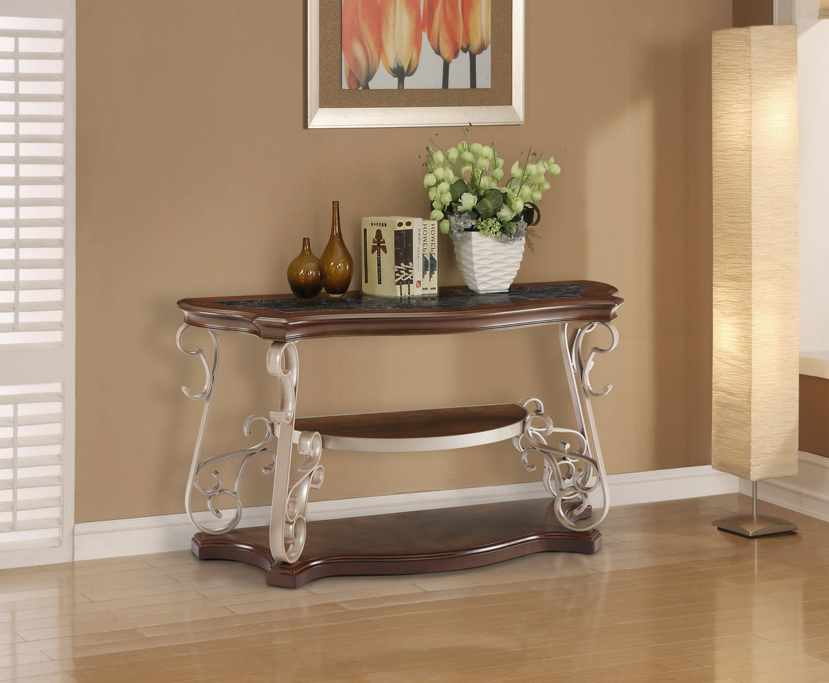 Sofa Table,  marble paper top, MDF with birch middle shelf , powder coat finish metal legs. (54'Lx20'Wx30'H)