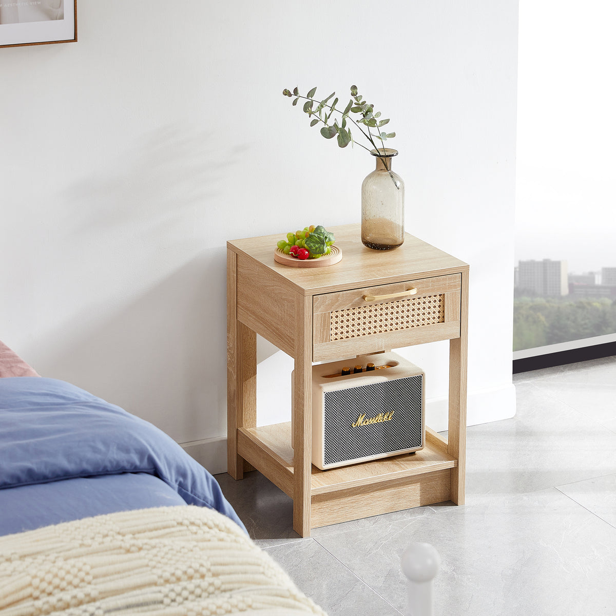 15.75' Rattan End table with  drawer, Modern nightstand, side table for living room, bedroom,natural