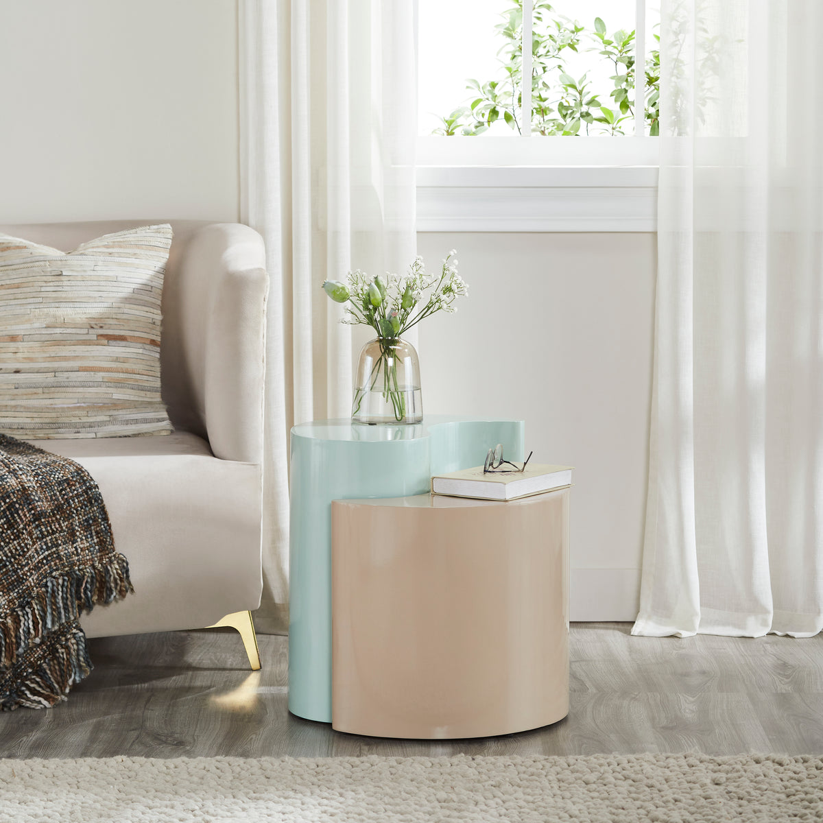 Modern & Contemporary Style End Table Made with Iron Sheet Frame in Mint & Taupe