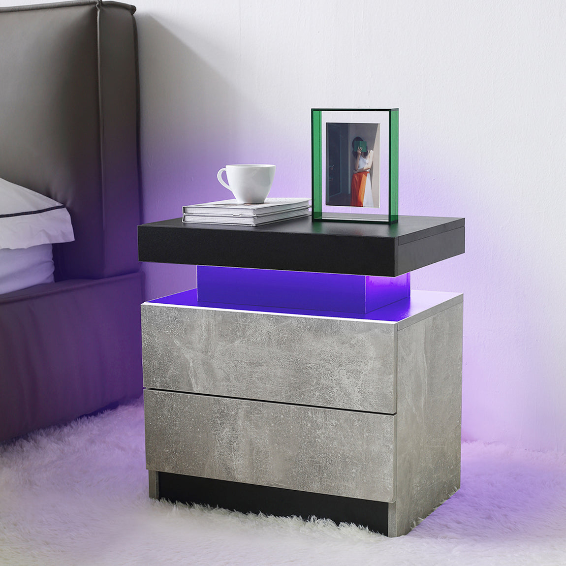 Nightstand LED Bedside Table Cabinet Lights Modern End Side with 2 Drawers for Bedroom (Gray)