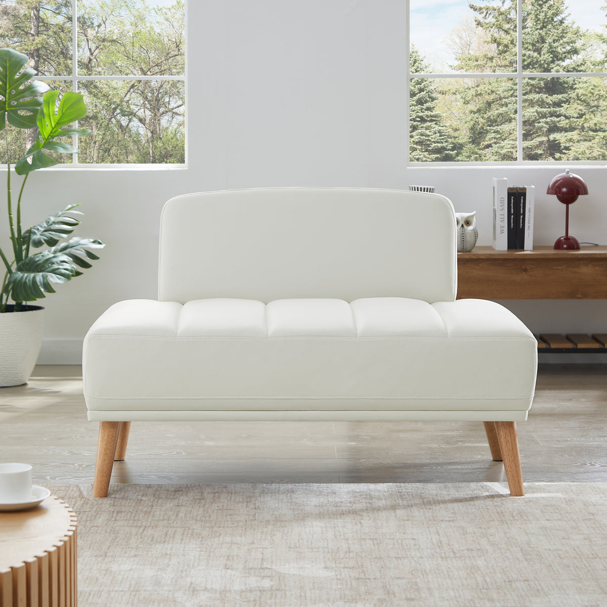 45'Inch Width Modern End of Bed Bench, Leathaire Fabric Upholstered 2 Seater Sofa Couch Entryway Ottoman Bench, Stool Footrest Window Bench with Gold Wood Legs for Bedroom, Living Room,beige