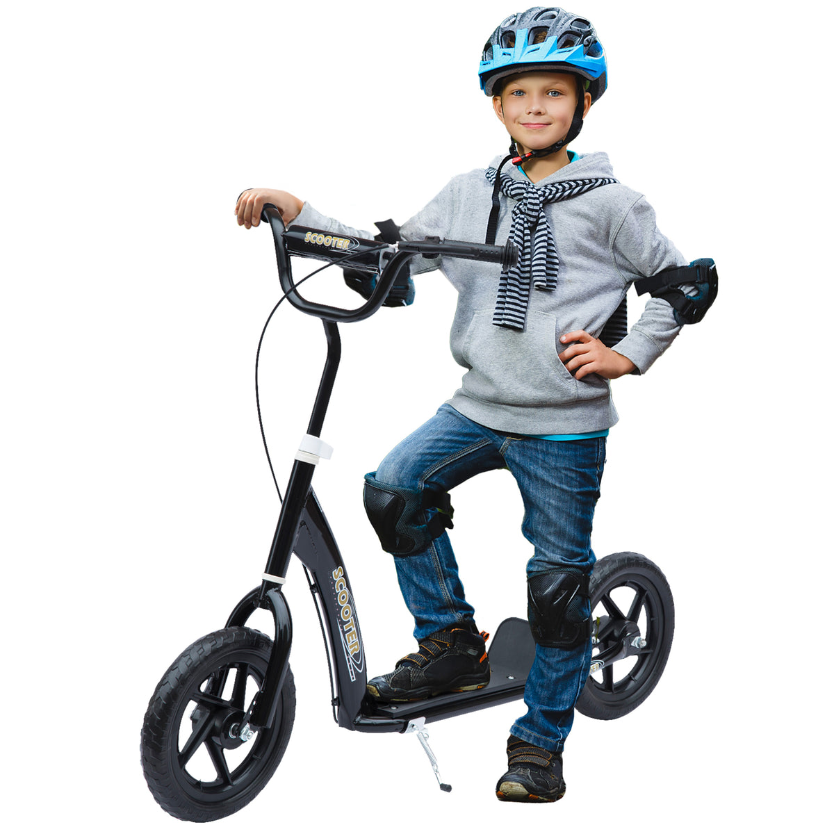 HOMCOM Kick Scooter for Kids 5-12 Years Old, Big Wheel Kids Scooter with Adjustable Height Handlebar, 12' EVA Tyres, Non-slip Footplate, Rear Brake, Black