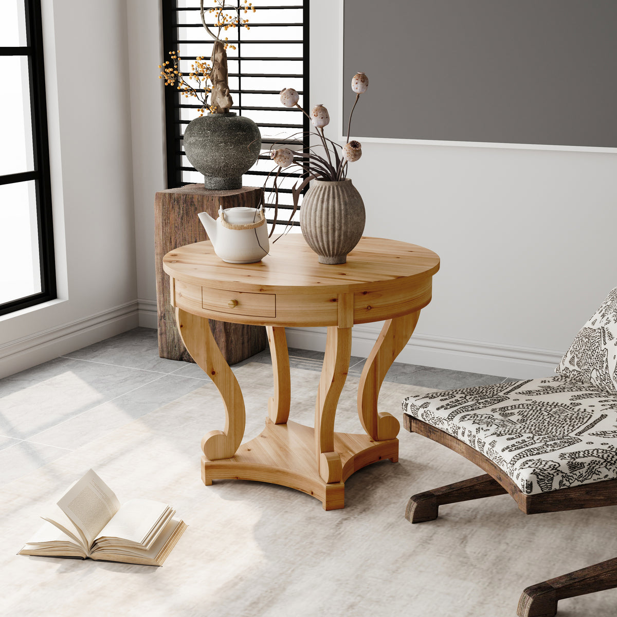 Curved Legs Farmhouse Style Small Size Round Dining Table End Table Side Table Coffee Table for Dinette, Kitchen, Dining Room or Living Room, Natural Wood