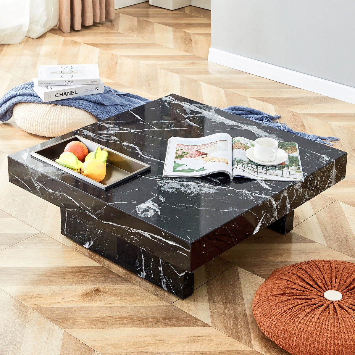 A modern and practical coffee table made of MDF material with black patterns. The fusion of elegance and natural fashion  31.4'*31.4'*12'