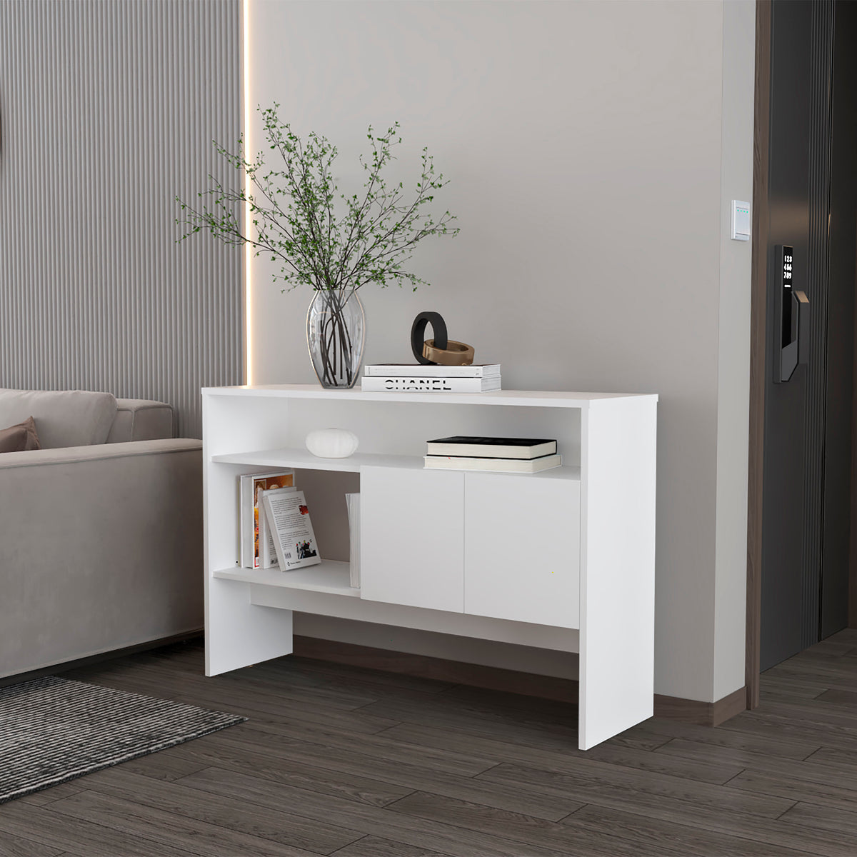 Bylas Console Table in Melamine With Two Doors y Open Storage, White