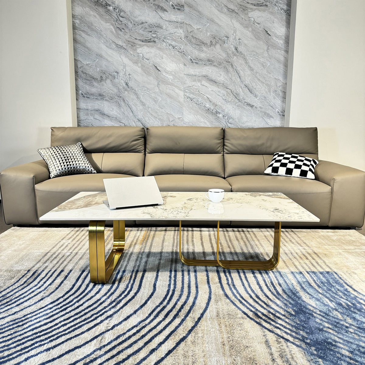 Modern Rectangular Coffee Table with Sintered Stone Top, Gold Metal Frame, for Living Room