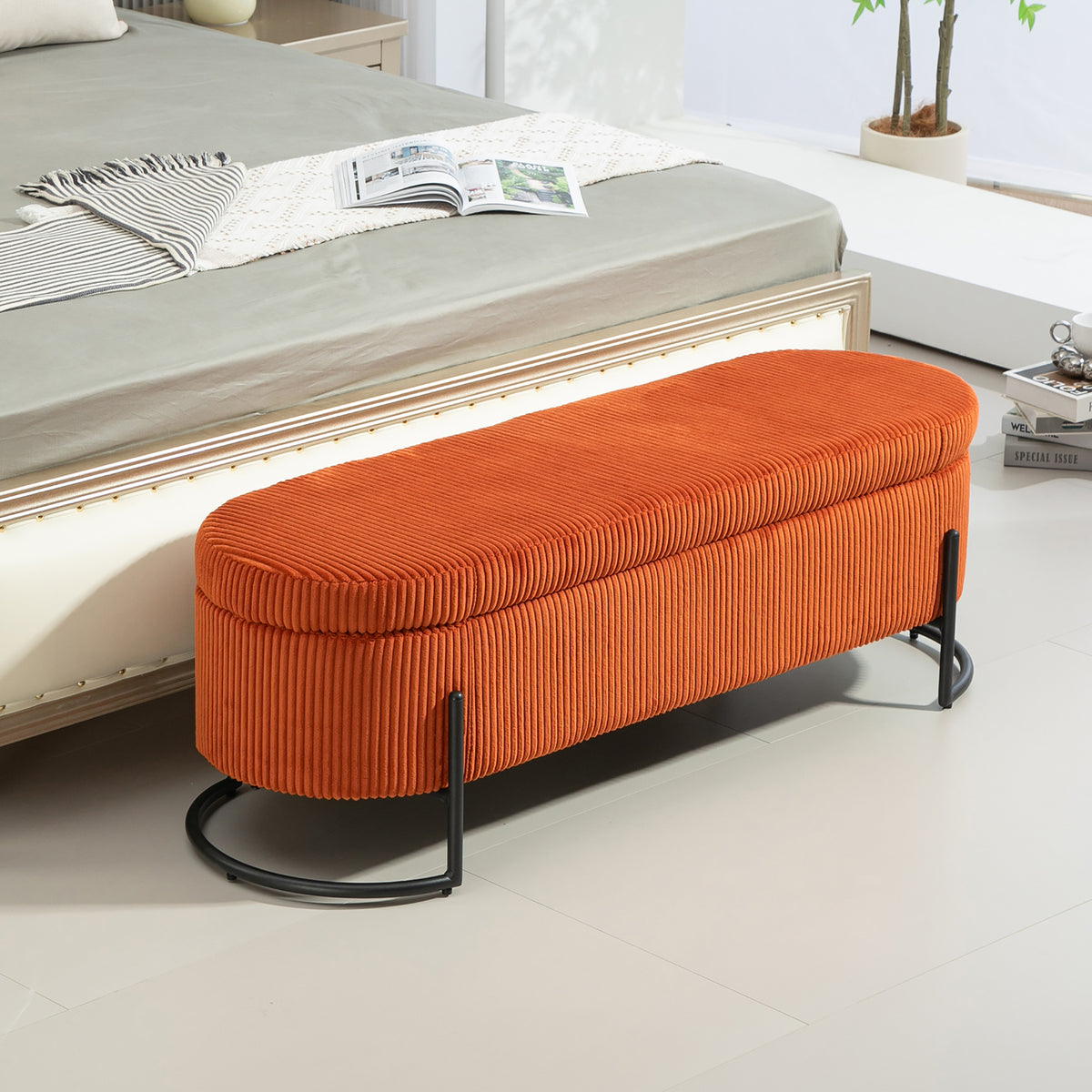 House Hold Storage Ottoman,Bedroom End Bench,Upholstered Fabric Storage Ottoman with Safety Hinge, Entryway Padded Footstool, Ottoman Bench for Living Room & Bedroom (Orange)