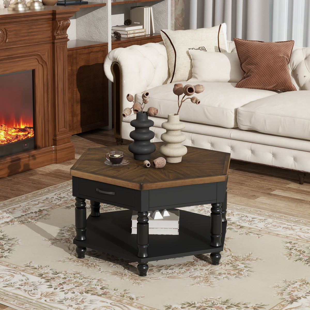 2 Tier Retro Hexagon Living Room Solid Wood Coffee Table with Shelf & Drawer, 36'' Mid-Century Center Coffee Table for Living Room, Office.  Black and Cherry Top