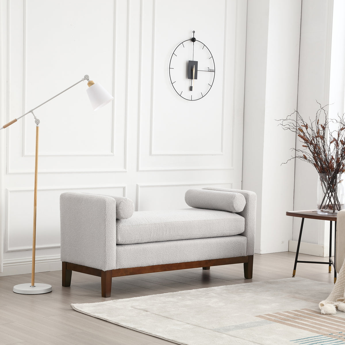 53.5'W Elegant Upholstered Bench, Ottoman with Wood Legs & Bolster Pillows for End of Bed, Bedroom, Living Room, Entryway, Light Gray
