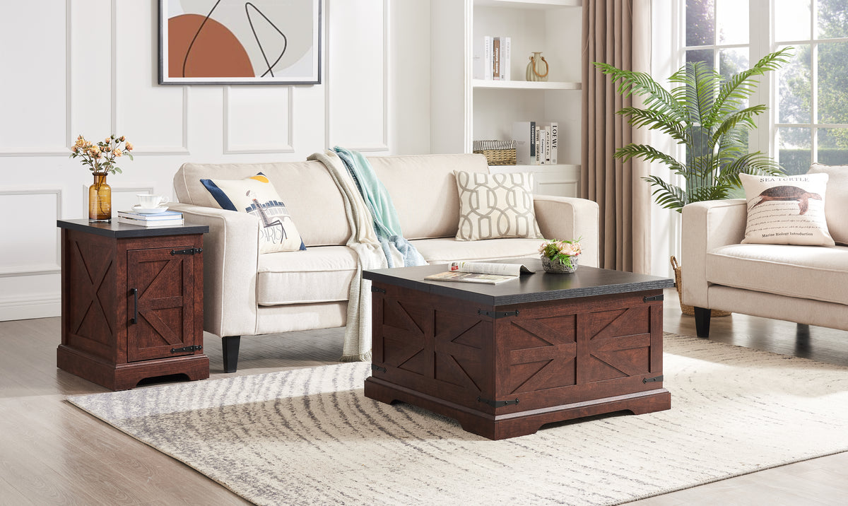 Farmhouse Coffee Table & End Table Barn design Center Table Rustic Cocktail Table with Hinged Lift Top and End Table