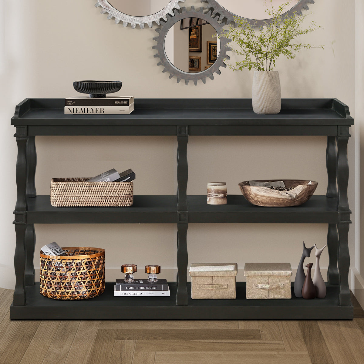 Console Table with 3-Tier Open Storage Spaces And Roman Column Effect Support Legs,Narrow Sofa Entry Table for Living Room, Entryway and Hallway(Black)