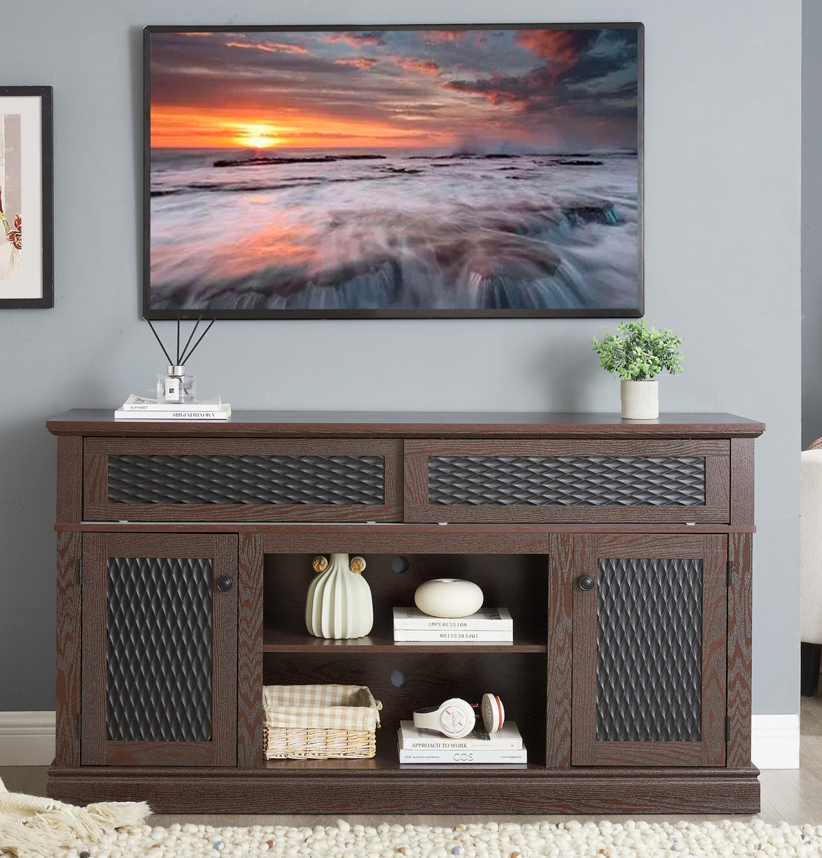 Embossed Pattern TV Stand, TV and Media Console with Open and Closed Storage Space and sliding door for Living Room & Bedroom, DARK CHERRY, 58.27'W*15.35'W*31.7H