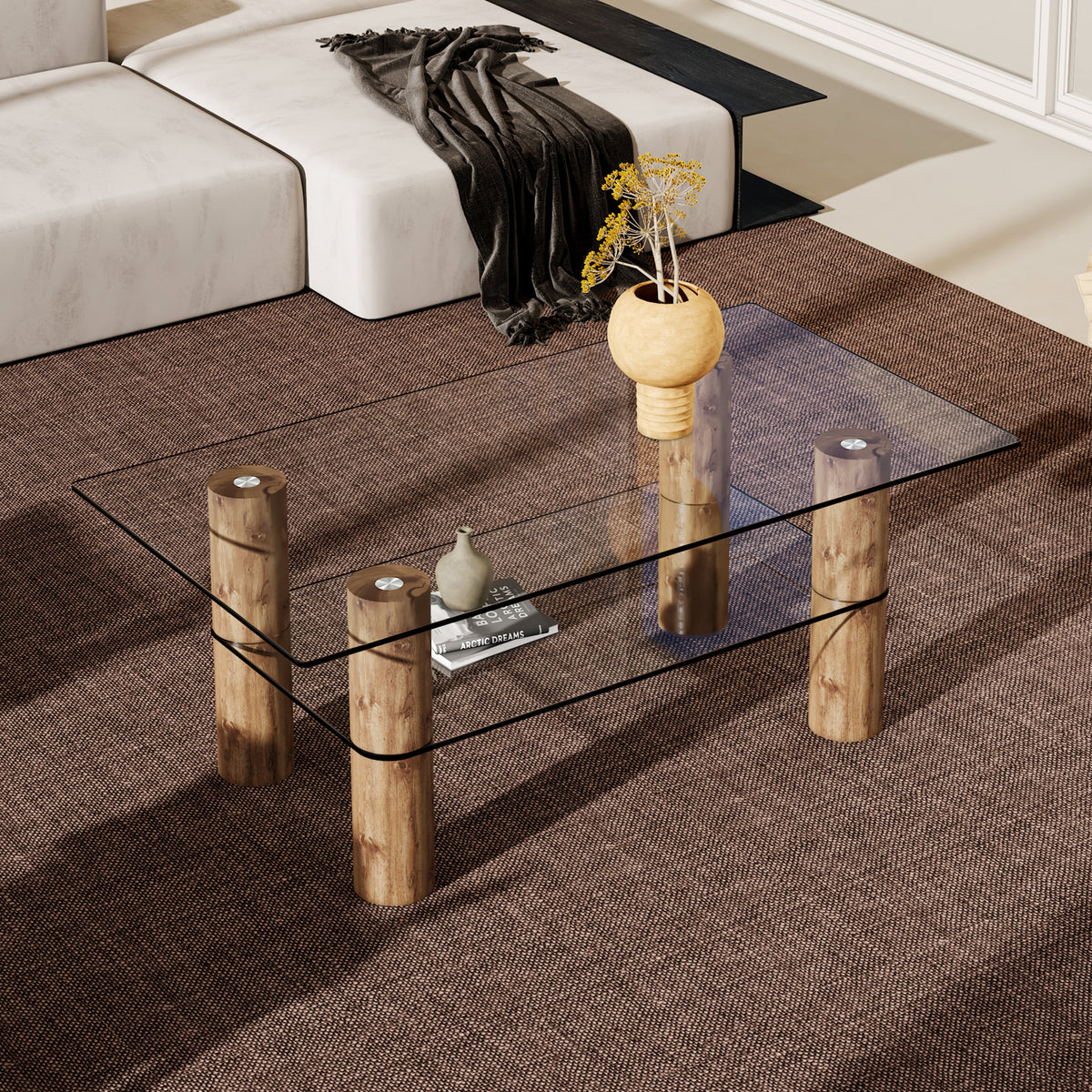 Modern minimalist double-layer transparent tempered glass coffee table and coffee table, paired with wooden MDF decorative columns. Computer desk. Game table. CT-X02