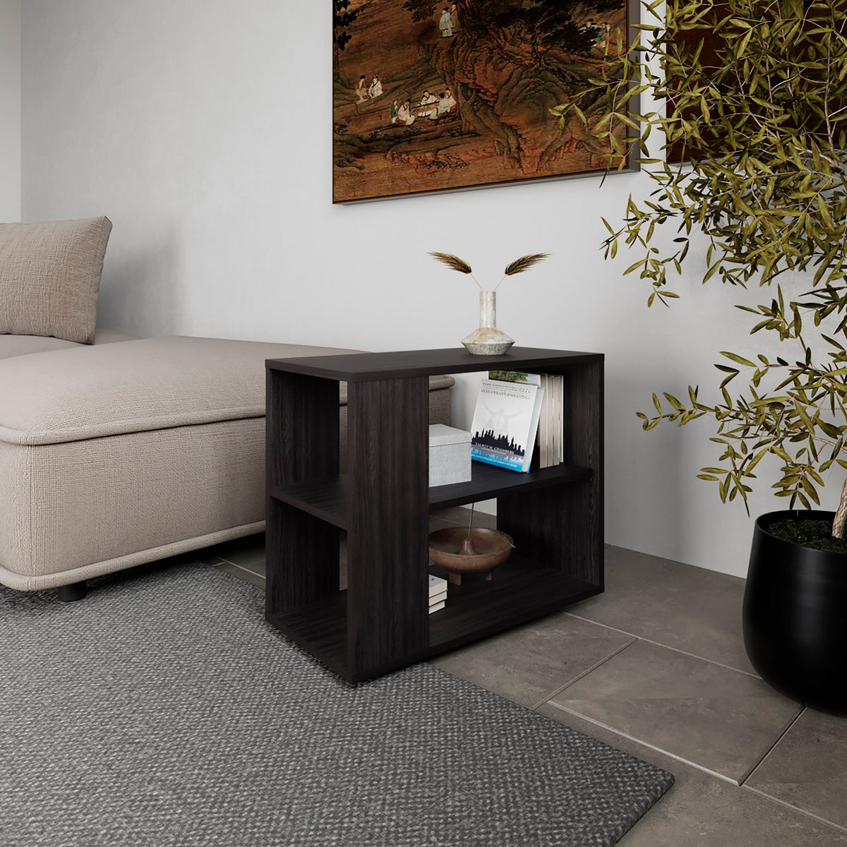 Rio Verde Side Table in Melamine with Open Storage, Wengue