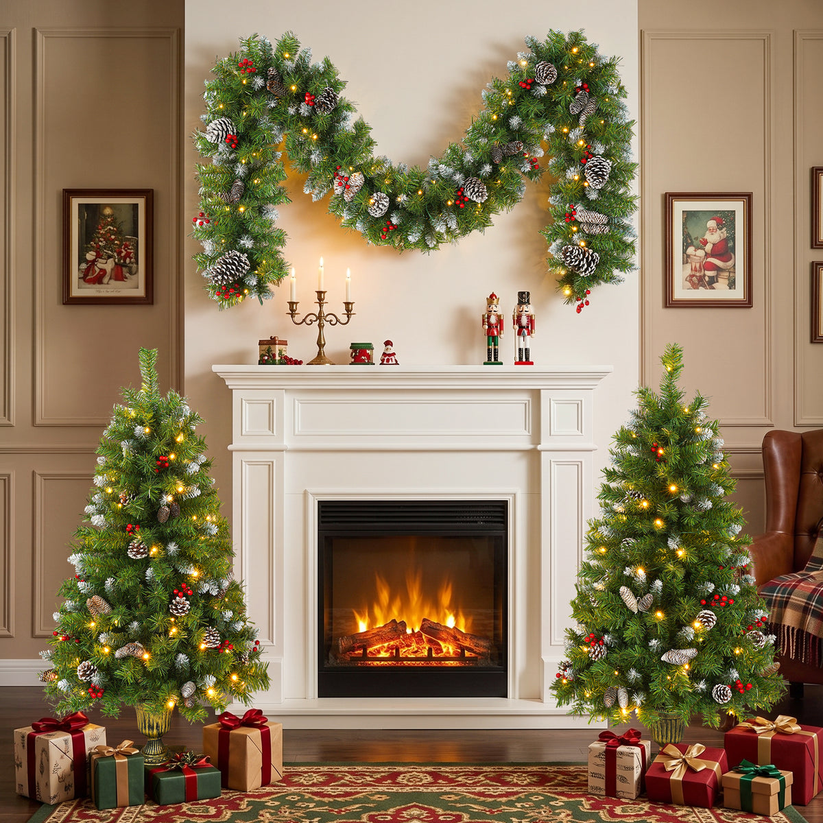 Pre-lit Xmas Tree Artificial Christmas 3-Piece Set, Garland and Set of 2 Entrance Trees X-mas with LED Lights, Christmas Tree
