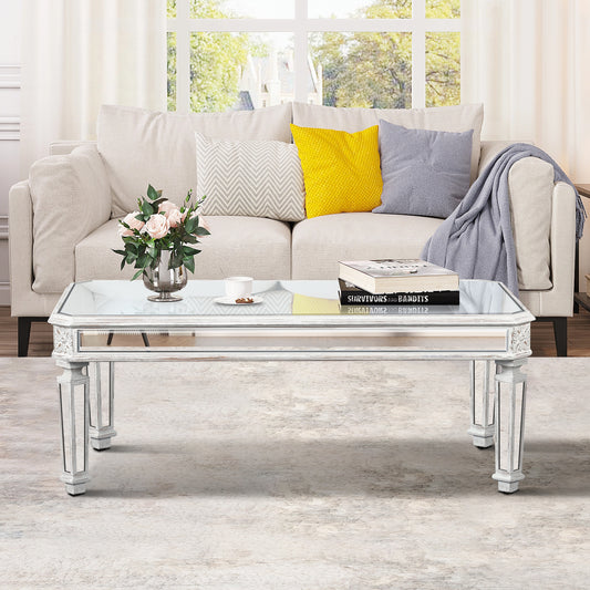 Silver Mirrored Coffee Table, Vintage Carved Elements, Rectangle Glass Tea Table with Mirrored Finish, Modern Center Table for Living Room and Office (24' D x 48' W x 18' H)