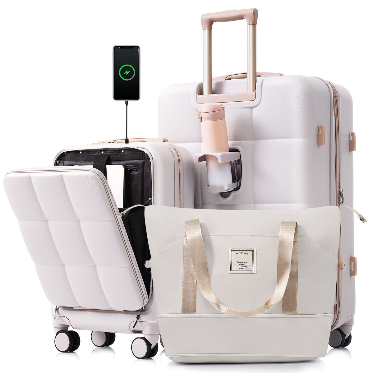 3-Piece Luggage Set with 20' Front-Opening Carry-On, 28' Expandable Suitcase, and Expandable Travel Bag, light grey