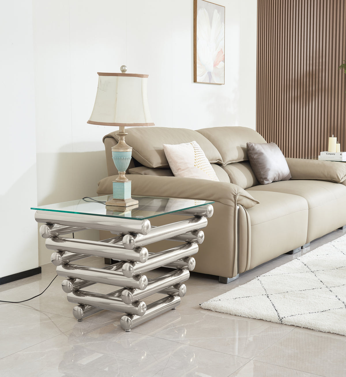 24' Square Modern Stainless Steel End Table, Clear Tempered Glass End Side Table, Living Room Coffee Table, with modern style, Silver
