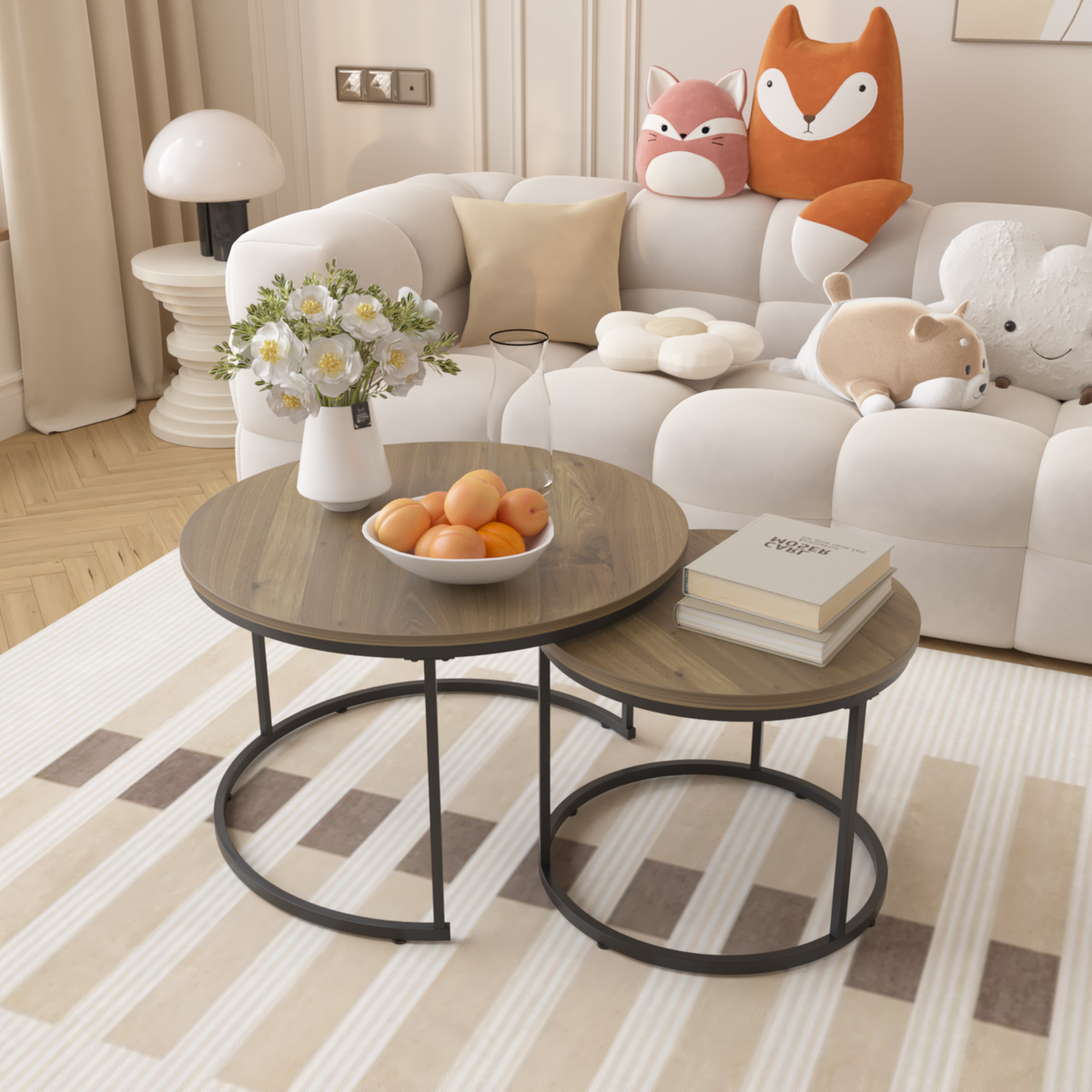 Nesting Coffee Table Set of 2, 27.6inch Round Coffee Table Industrial Wood Finish with Sturdy Metal Frame, End Table Side Tables for Living Room Bedroom Balcony Yard (Brown)