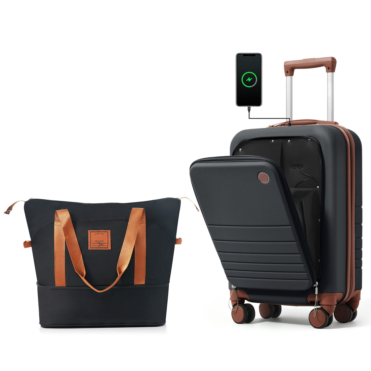 Front Opening 20-Inch Carry-On Luggage with Expandable Travel Bag Set, ABS Hard Shell Two-piece suitcase set with USB Port , Cup Holder, black and brown